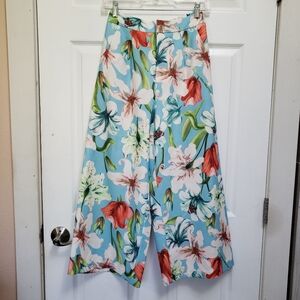 A. Peach Blue Tropical Floral High Rise Elastic Waist Wide Leg Pants
